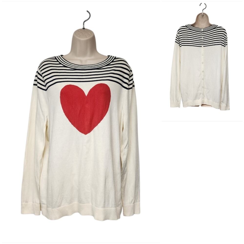 Talbots Women's Long Sleeve Striped Black Beige  Button Back Heart Sweater XL